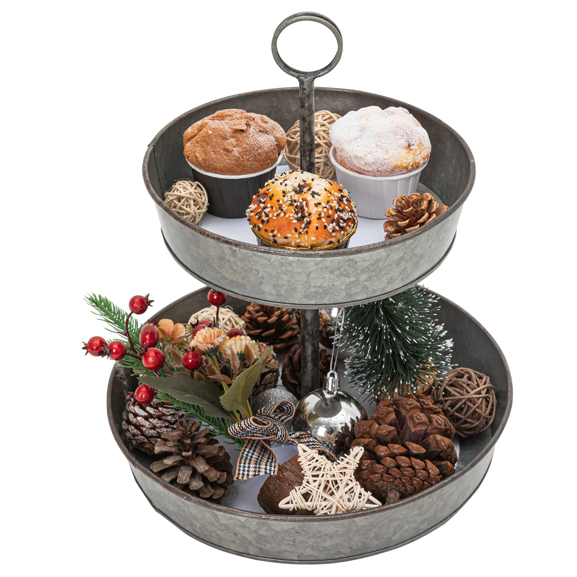 Photo 1 of FLORA Farmhouse 2 Tiered Galvanized Serving Tray Stand with Carry Handle, Rustic Metal Display Tray for Cupcake Dessert Fruit, Perfect for Indoor or Outdoor Party Home Décor