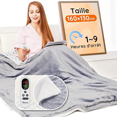 Couverture électrique chauffante, avec arrêt Automatique, 10 Niveaux de Chauffage Jusqu’à 9 Heures, Protection Contre la surchauffe, certifiée ETL, pour lit, en Flanelle, Chauffage Rapide