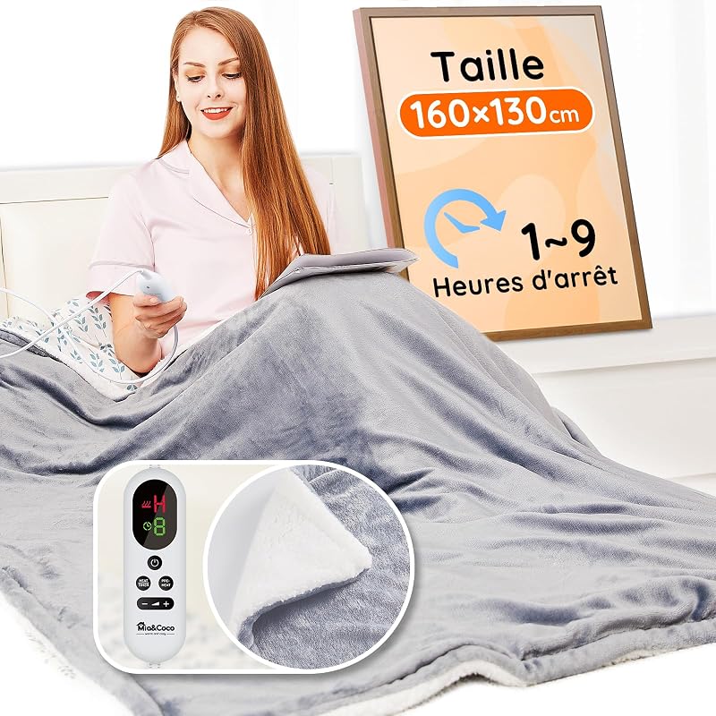 Couverture électrique chauffante, avec arrêt Automatique, 10 Niveaux de Chauffage Jusqu’à 9 Heures, Protection Contre la surchauffe, certifiée ETL, pour lit, en Flanelle, Chauffage Rapide