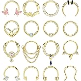 LOYALLOOK 16Pcs 16G Septum Rings Hoop for Women Men Surgical Steel Dangle Septum Jewelry Septum Clicker Horseshoe Nose Rings Hoop Hinged Segment Daith Helix Tragus Cartilage Earrings Piercing