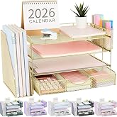 gianotter Desk Organizers and Accessories with File Holder, 4-Tier Desk Accessories &amp; Workspace Organizers with Drawer and 2 Pen Holder, Paper Organizer for Office Supplies(Gold)