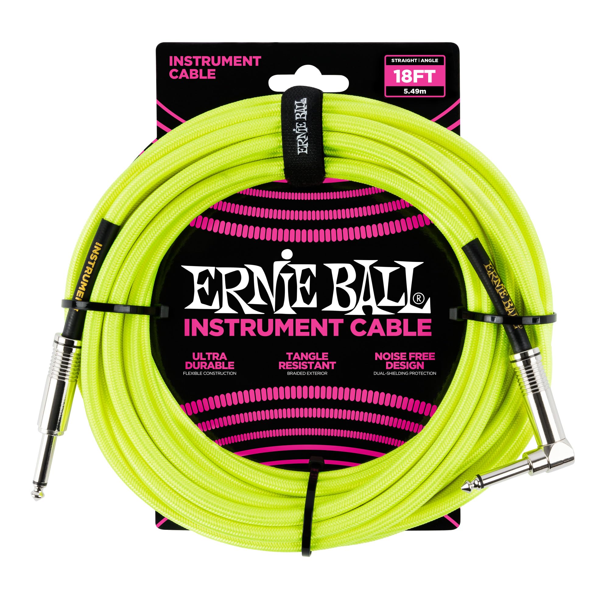 Ernie Ball Braided Instrument Cable, Straight/Angle, 18ft, Neon Yellow (P06085) Image