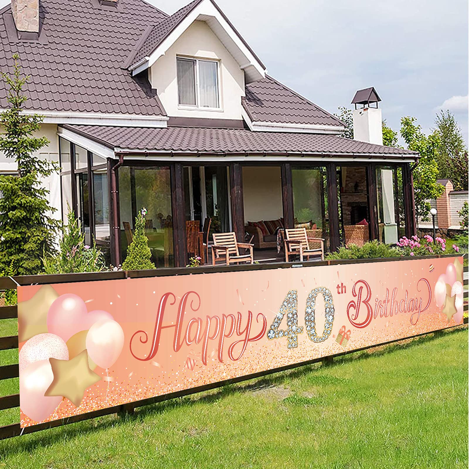 Happy 40th Birthday Banner,40th Birthday Decoration Rose Gold,Party Backdrop Banner Fabric Banner.for Women Men 40thBirthday Photo Backdrop,Photography Background,Outdoor Yard Garden Table Wall Decor
