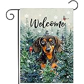 Welcome Winter Garden Flags Dachshund Garden Flag Cardinal Birds on Snowy Pine Tree Flag Dog Yard Flags for Outside 12x18 Double Sided Christmas Decorative Lawn Flags