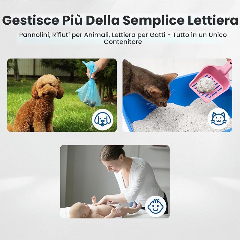PooGuard - Pattumiera per lettiera per gatti, da 9,2 l, per lettiera di gatti, escrementi di cani e pannolini, con finestra, apertura più ampia e sacchetto di ricarica per 4 mesi (grigio)