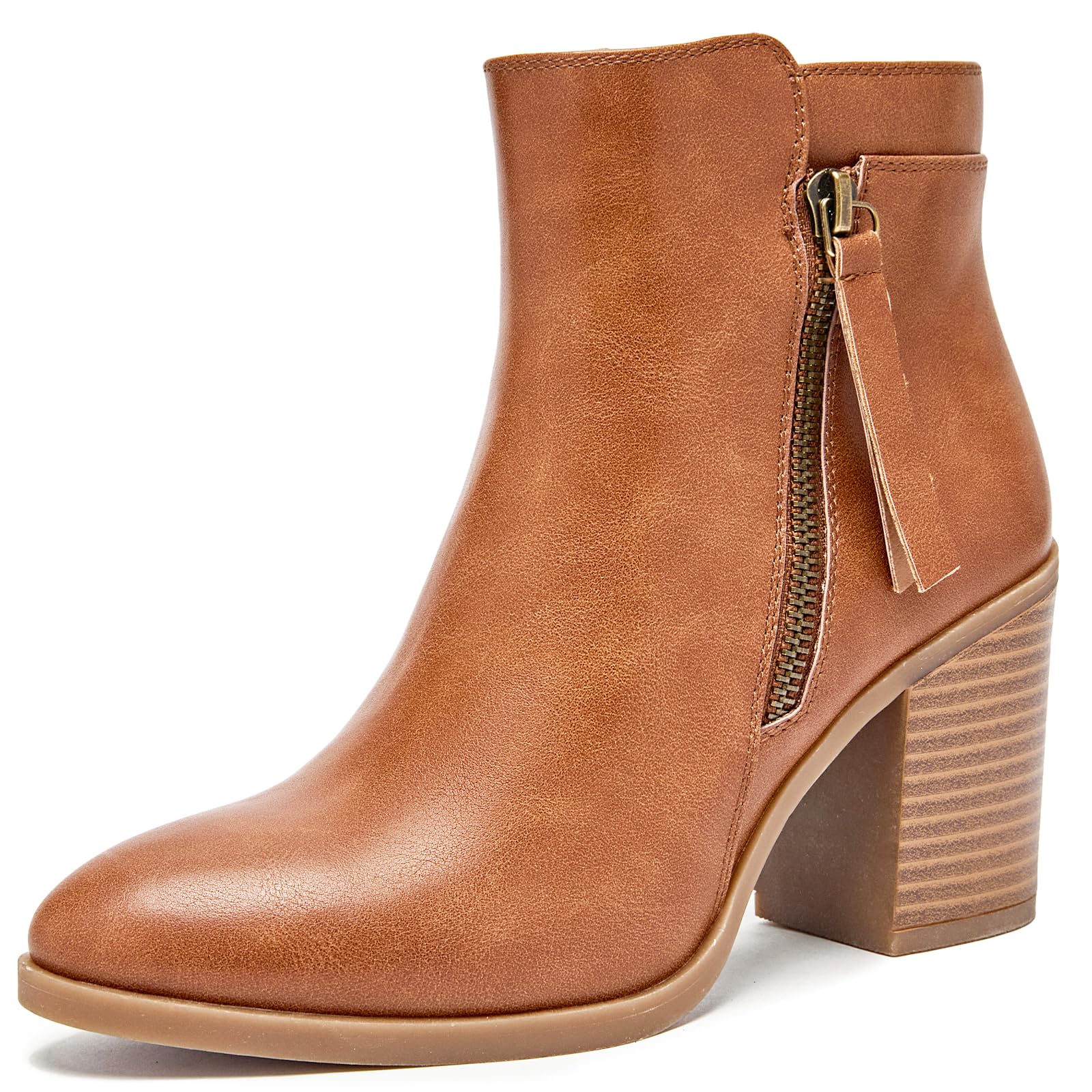 Photo 1 of Ruiee Women's Ankle Boots Low Chunky Heeled Booties Casual Comfortable Fall Winter Pointed Closed Toe Short Boots for Women.240978 Brown PU Size11