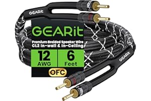 GearIT 12AWG Speaker Cable Wire with Gold-Plated Banana Tip Plugs (6 Feet) in-Wall CL2 Rated, Heavy Duty Braided, 99.9% Oxygen-Free Copper (OFC) - Black, 6ft