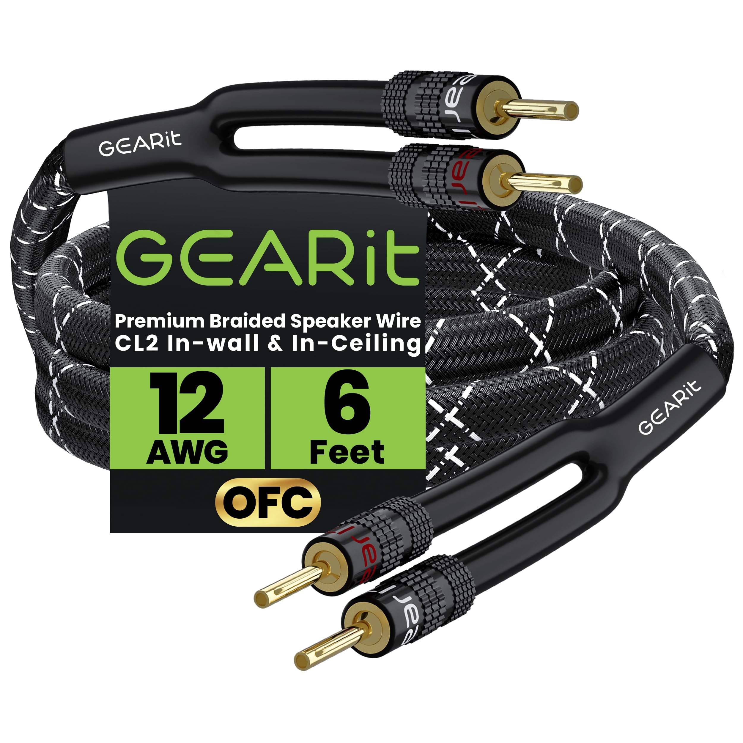 GearIT Hi-Fi 2x4mm≤ Speaker Wire with Banana Plugs (1.82 Meters - Black) OFC Oxygen-Free Copper, CL2 In-Wall Speaker Cable, Heavy-Duty Braided - 12 Gauge AWG, 6 Feet