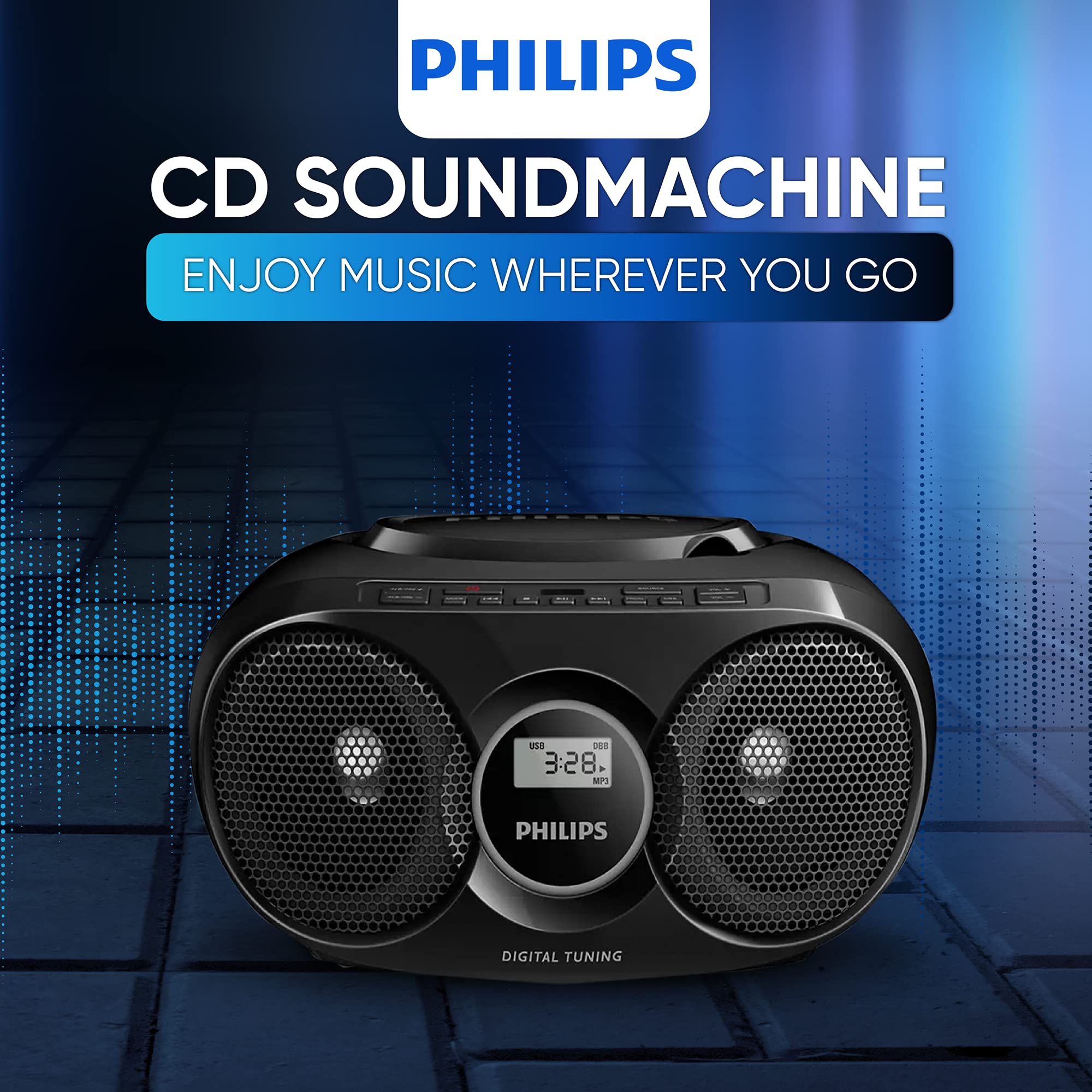 Philips Portable CD Player Boombox, Stereo Dynamic Bass Boost Speakers, Lightweight FM Radio CD Player with LCD Display, USB Playback, Aux Line-in, Boombox Portable for Home AZ318B/37