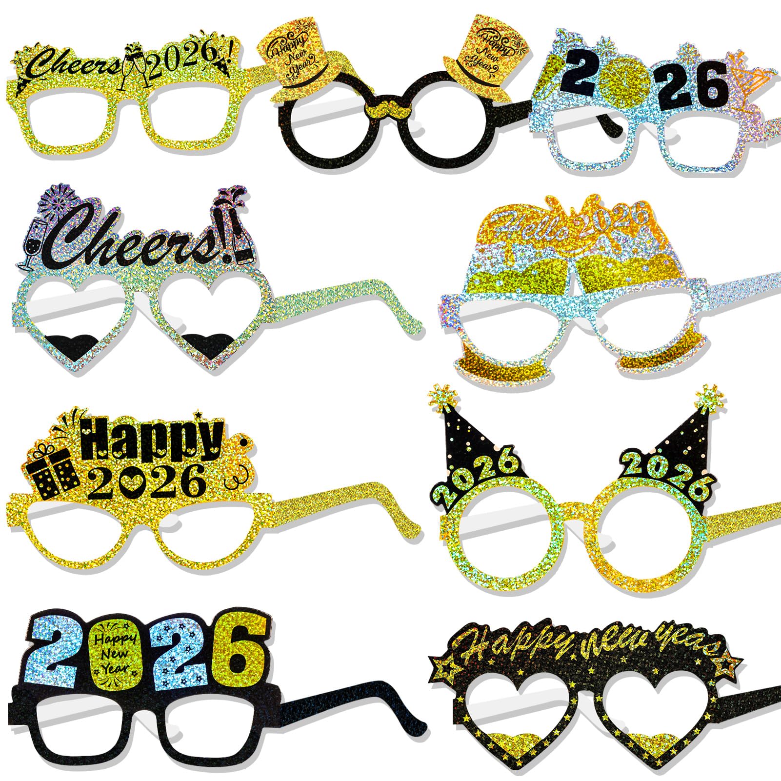 HOWAF 18 Pack Glitter Happy New Year Glasses 2026 Glasses New Years Eve Party Accessories Photo Props for Adults New Years Eve Decorations 2026 Happy New Year Party Favours Supplies