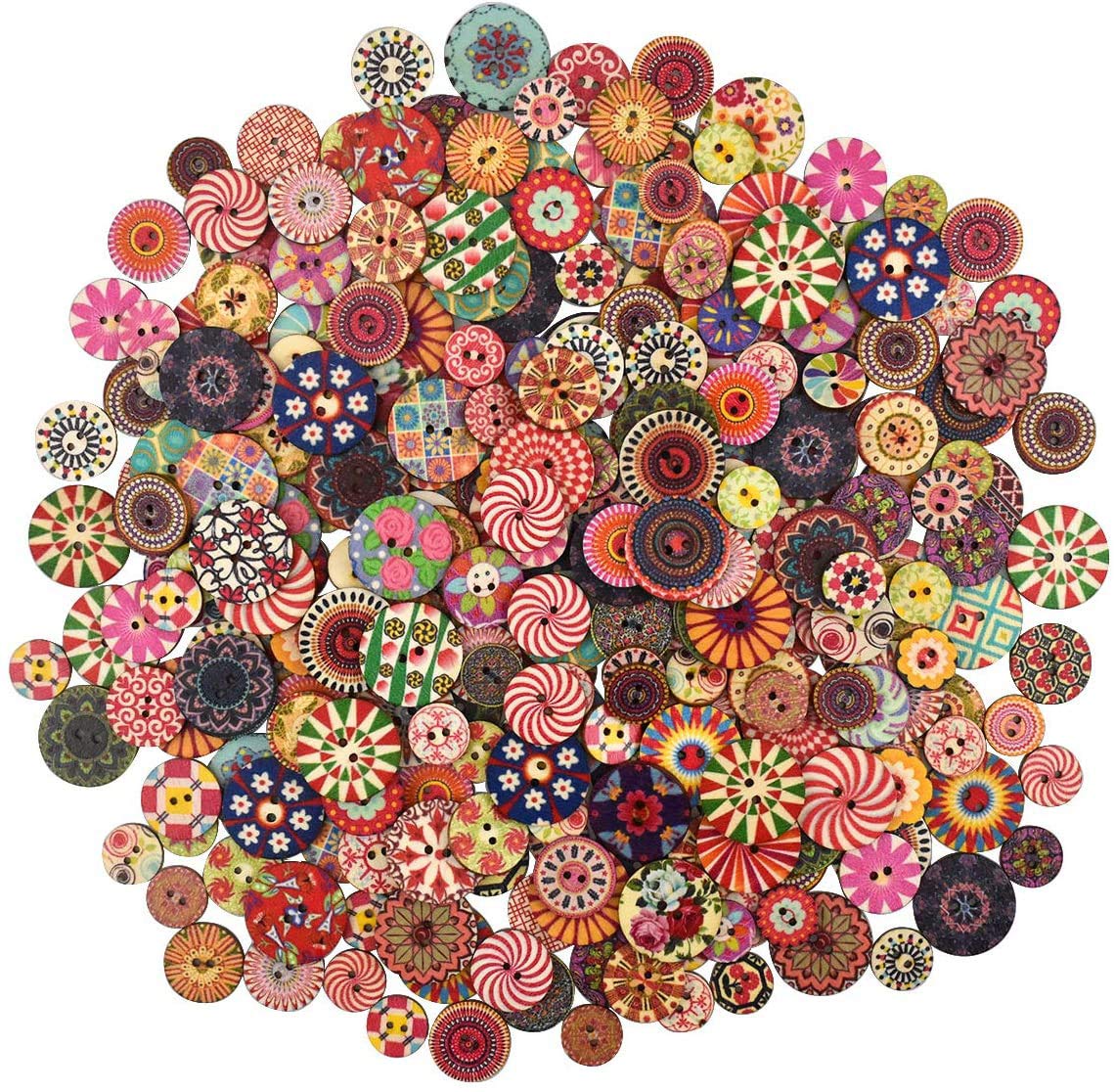 YMWALK Wooden Buttons,300Pcs Printed Round Shape 2 Holes Wooden Buttons Mixed Color and Size for Sewing, Crafting, Decoration, DIY, Dress (15mm,20mm and 25mm 100Pcs Each)
