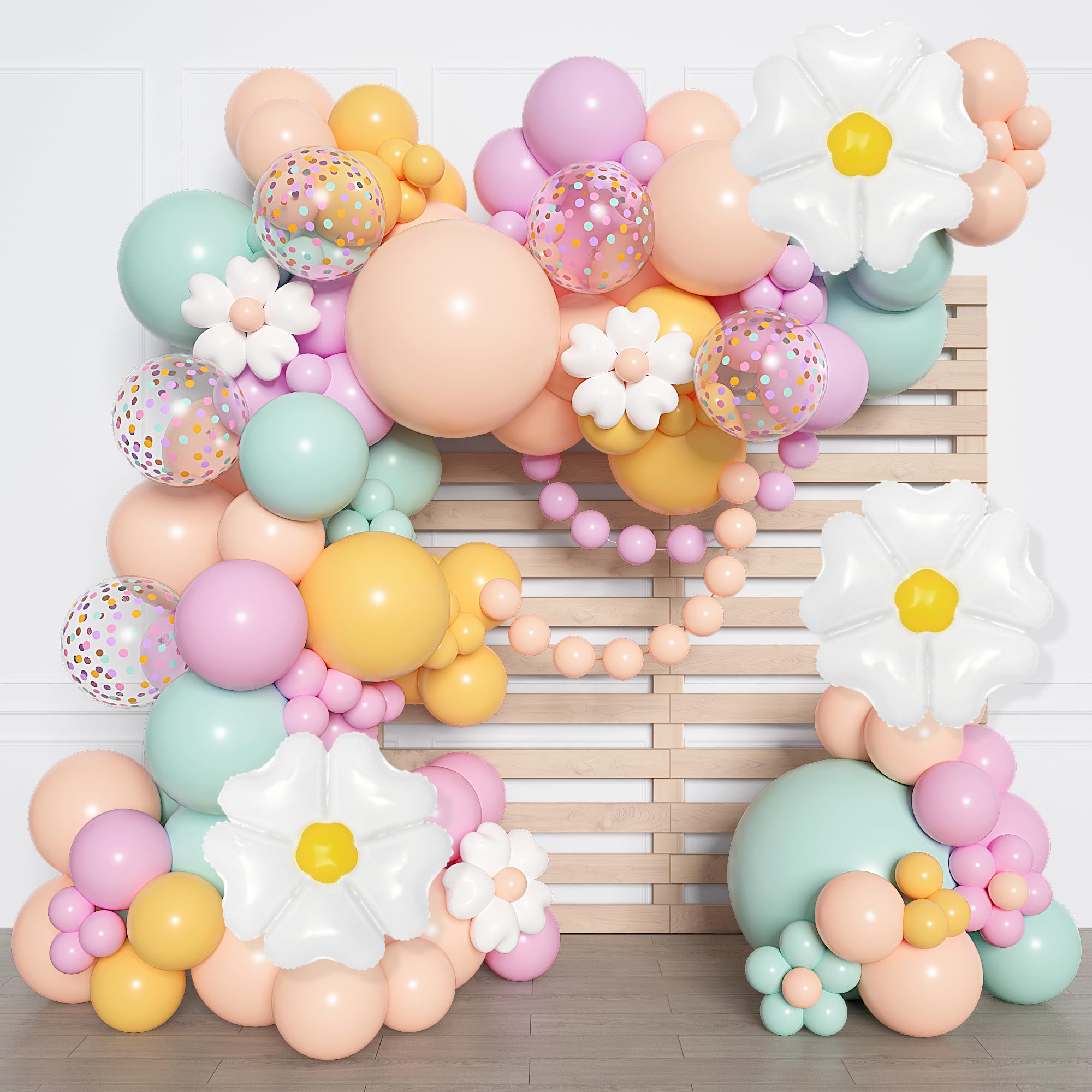 Photo 1 of 168Pcs Daisy Balloon Arch Garland Kit, Pastel Blue Orange Yellow Purple Confetti Daisy Wild Flower Balloons for Boho Two Groovy One Birthday Floral Girl Baby Shower Spring Wedding Party Decorations