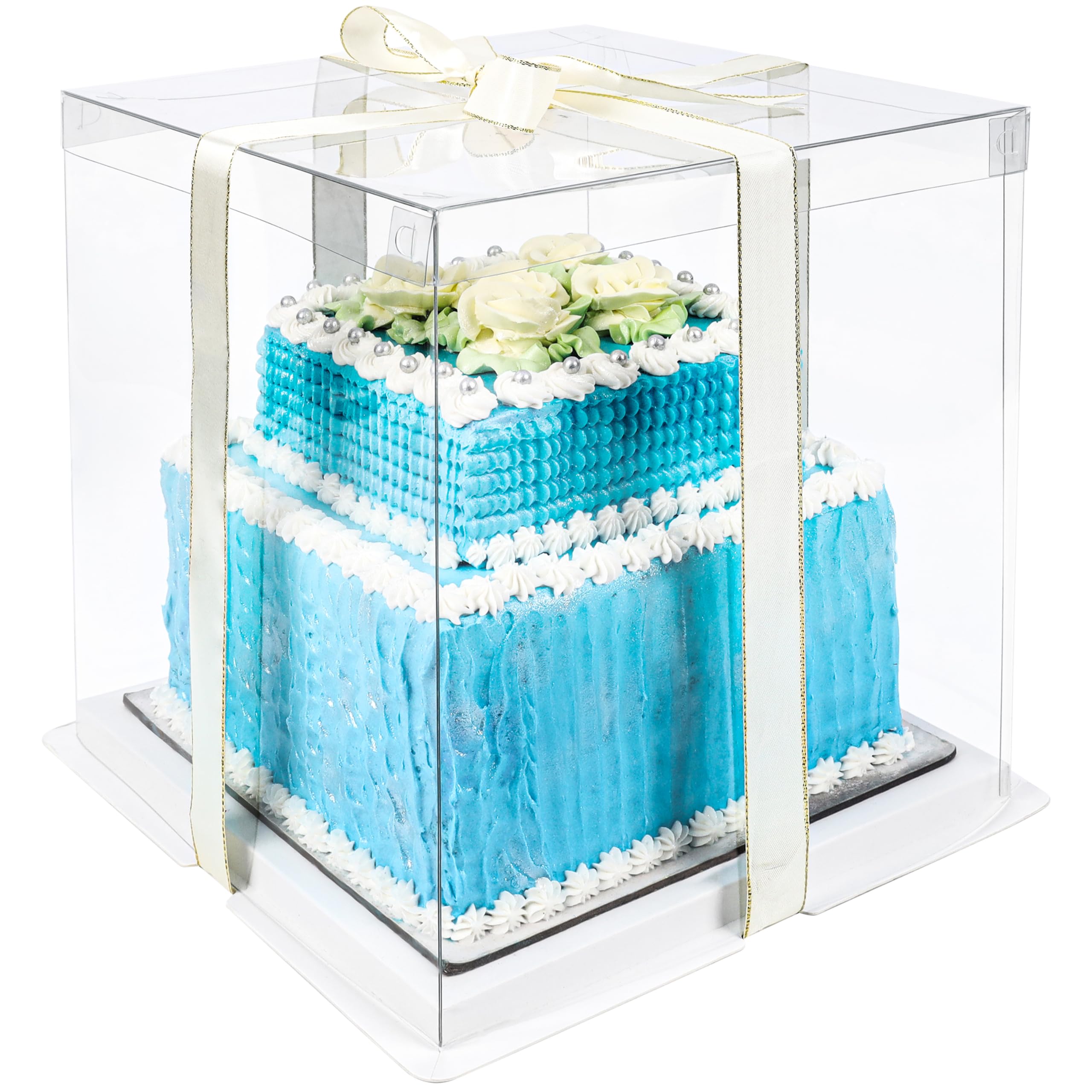 BELLE VOUS Clear Plastic Tall Cake Box with Boards & Ribbon - 26 x 26 x 28cm/10.23 x 10.23 x 11 Inches - Transparent Tall Cake Gift Packaging Carrier Box for Birthdays, Weddings & Parties