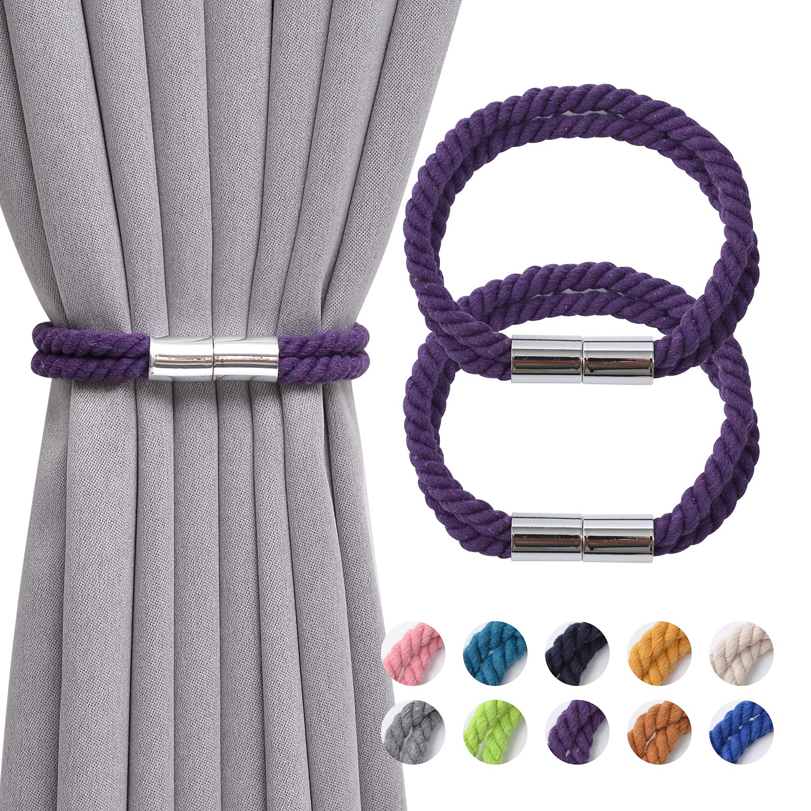 Pretty Jolly 2 Pack Strong Magnetic Curtain Tiebacks Boho Decoration Drape Tie Backs Natural Cotton Handmade Double Rope Curtain Holdbacks for Thin or Thick Home & Office Window Drapery (Purple)