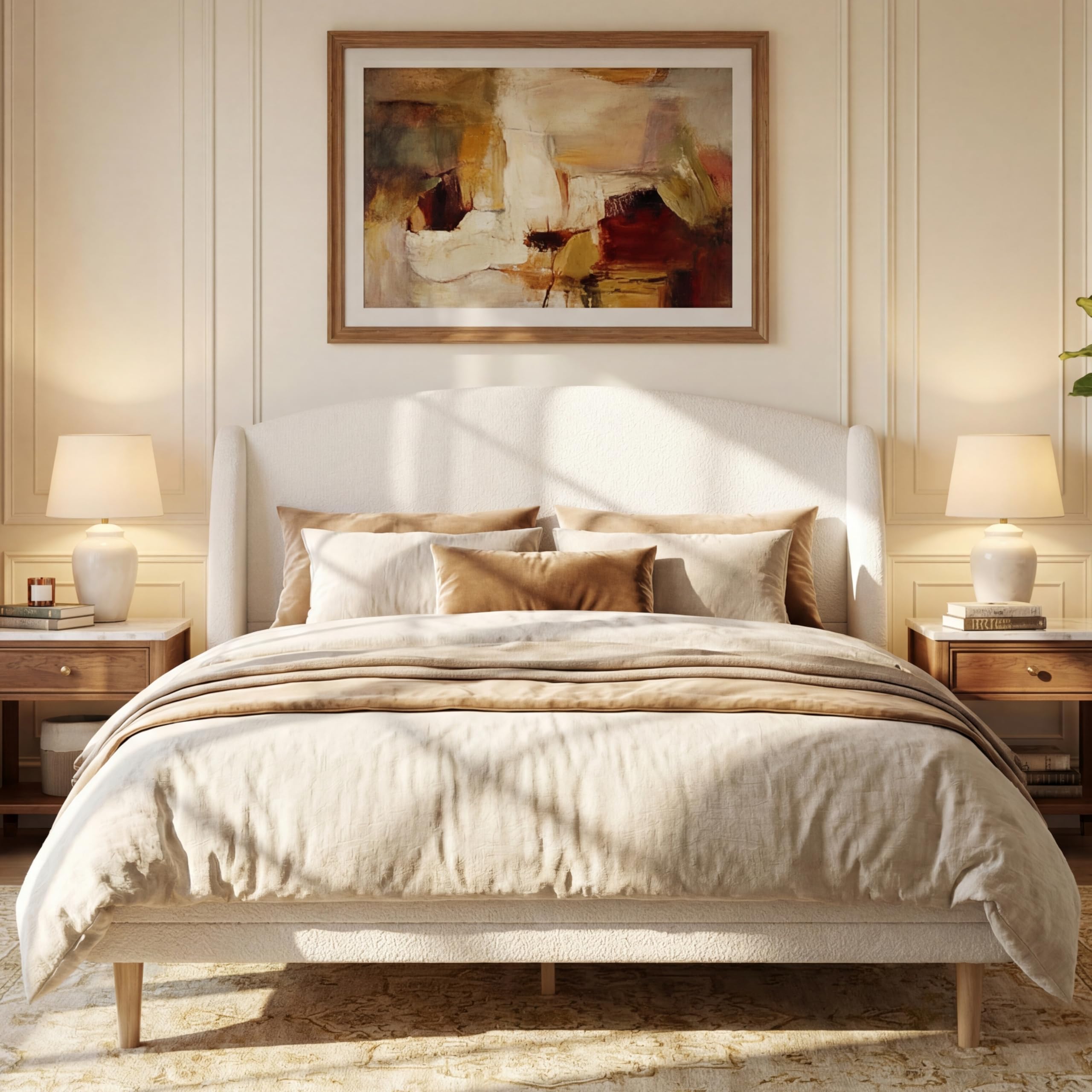 Photo 1 of (box 2 of 2)(partial set) Merax Queen Size Upholstered Platform Bed, Boucle Fabric and Wingback Headboard, Rounded Corners, White