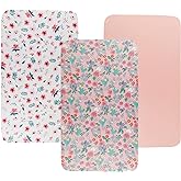 Tontukatu Bassinet Sheet Set 3 Pack (32" x 19") Compatible with Mika Micky, Baby Delight, Dream On Me Bassinet Mattress, Jersey Knit Ultra Soft Flexible for Baby Girls,Floral,Grey Rabbit & Pink