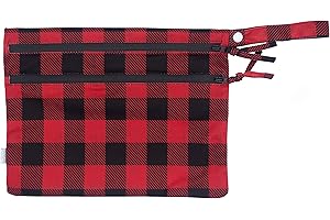 BapronBaby Red Buffalo Plaid Wet Dry Bag - Waterproof Two Zipper Pockets - Reusable for Mealtime, Diapers, Stroller, Snacks, Swimsuits - Machine Washable - 11" x 9"