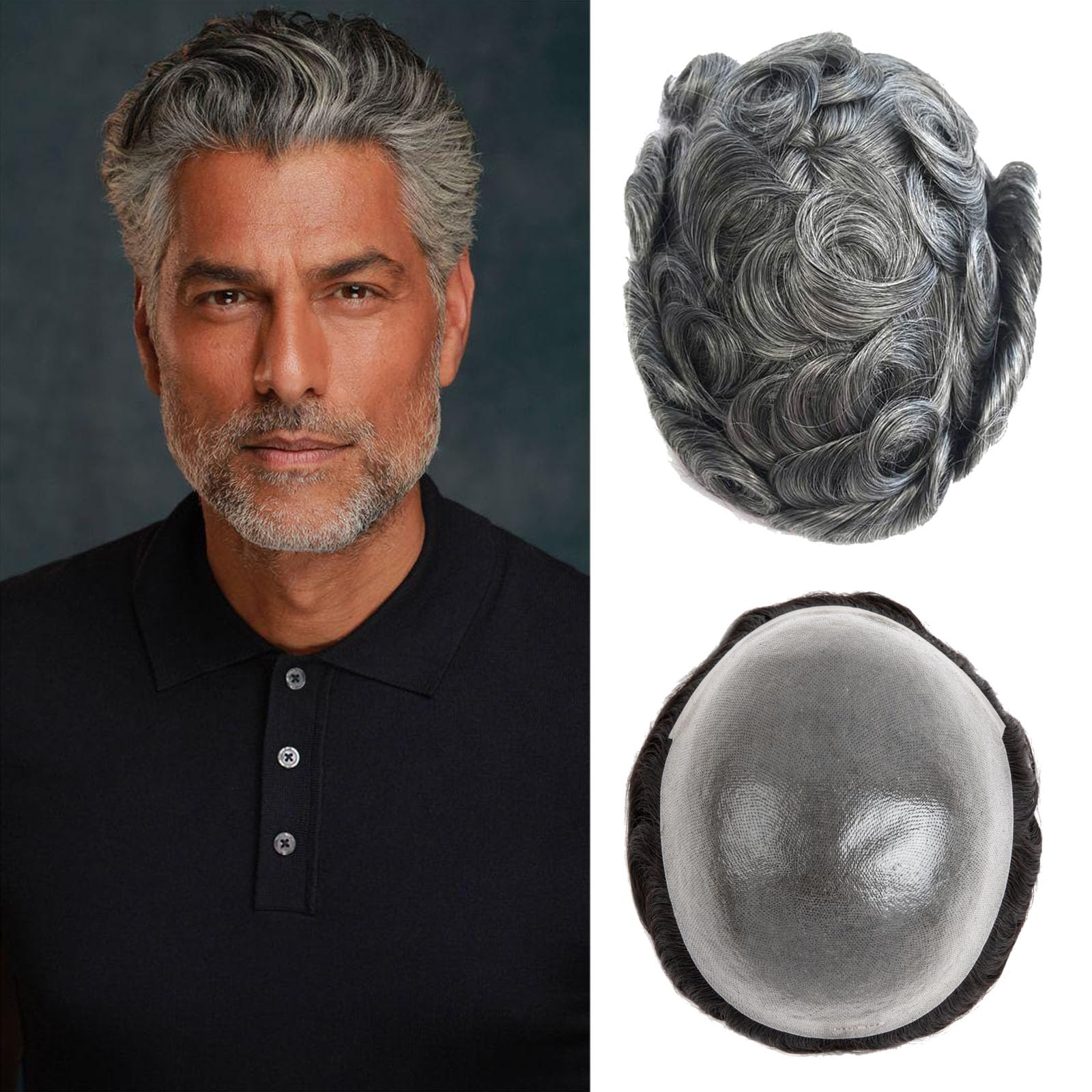 Toupee For Men 0.1mm Poly Skin Human Hair System For Men Men'S Toupee V-Loop Knots Durable Pu Toupee Human Hair Mens Wig Base Size 8X10 Inch 120% Density （#1B65）