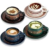 YUN TAO 8 Oz Ceramic Cappuccino Cups with Saucers Set of 4, Ergonomic Handle Mugs for Tea, Espresso & Latte - Home & Cafe Use