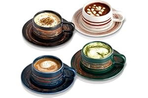 YUN TAO 8 Oz Ceramic Cappuccino Cups with Saucers Set of 4, Ergonomic Handle Mugs for Tea, Espresso & Latte - Home & Cafe Use