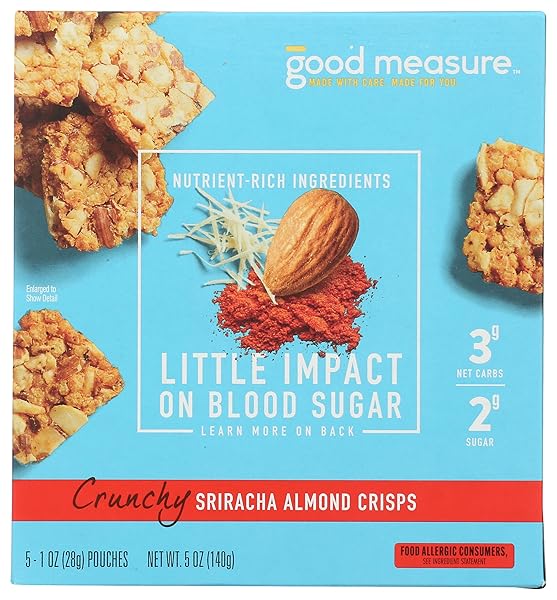 GOOD MEASURE SRIRACHA ALMOND CRISPS, 3G NET CARBS, 2G SUGAR – NUTRIENT-RICH, CRUNCHY, AND SPICY SNACK LITTLE IMPACT ON BLOOD MADE IN THE USA, 10 1-OZ POUCHES