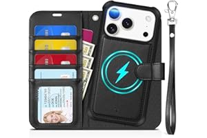 TUCCH 2-in-1 Detachable Wallet Case for iPhone 17 Pro (6.3-inch) 2025, Wireless Charging | RFID Blocking 4 Card Holder | Wrist Strap | Kickstand | Magnetic | PU Leather | Protective Flip Cover | Black