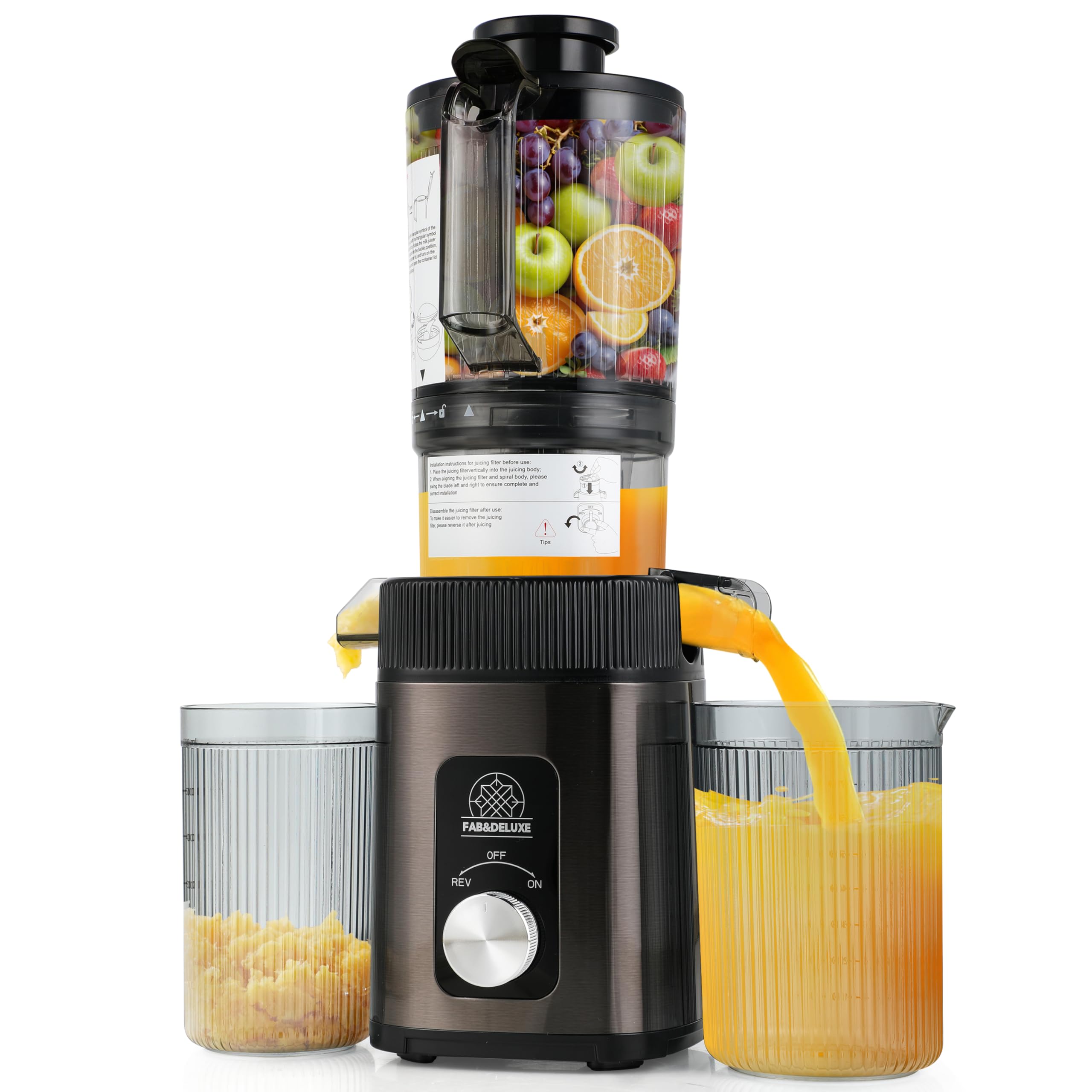 Photo 1 of FAB&DELUXE Cold Press Juicer - 34oz Juicer Machines with 4.3" Wide Feed Chute, Slow Masticating Juicer for Fruits and Vegetables, 99% High Juice Yield, Reverse Function, Dishwasher Safe