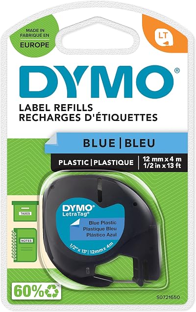 Dymo LetraTag 12mm Plastic Tape Black on Blue 12mm Label Tape