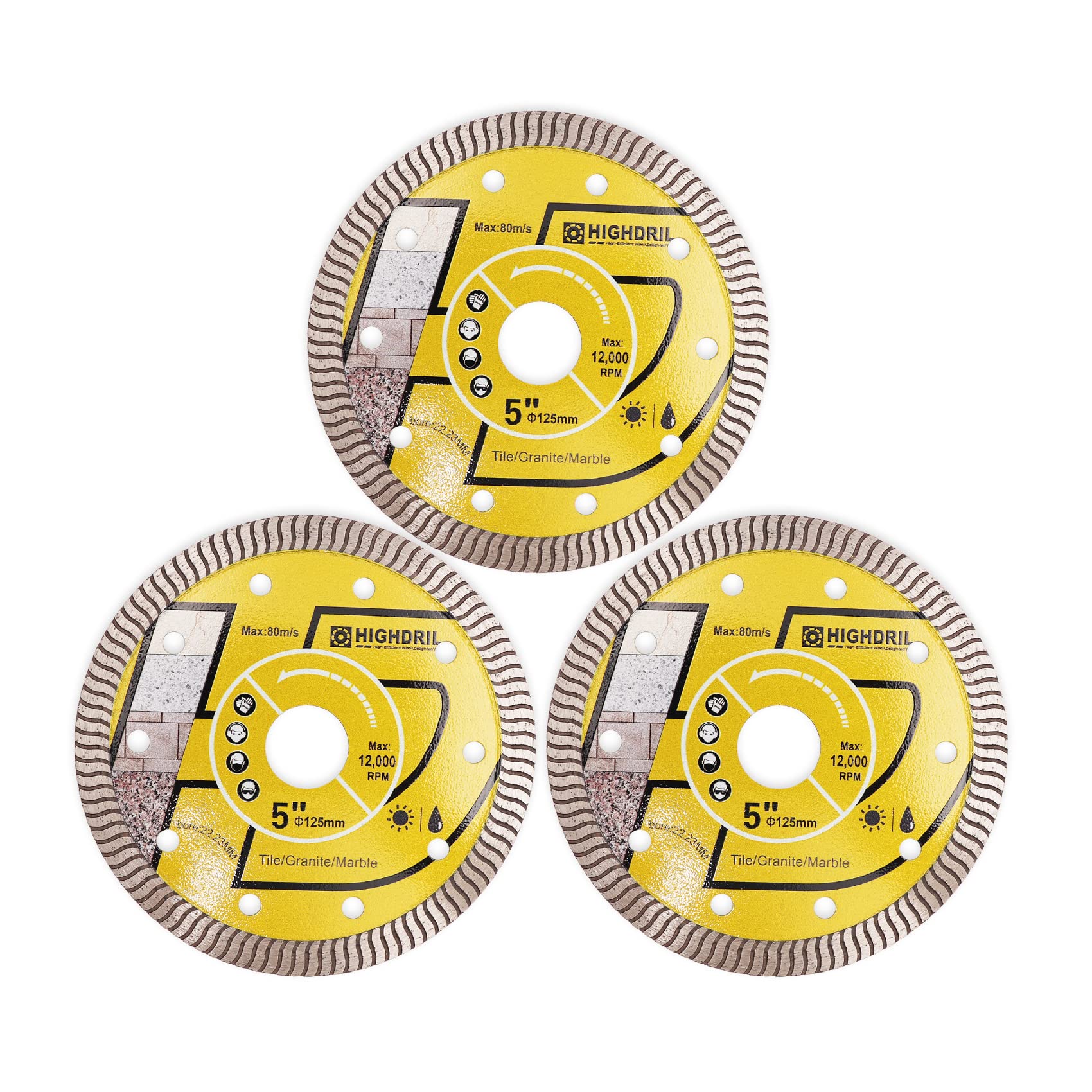 HIGHDRIL Diamond Saw Blade - 3Pcs 125MM Diamond Tile Blade with 22.23MM Arbor, Dry or Wet Cutting Disc for Porcelain Tile Ceramic Granite Marble Hard Material Masonry