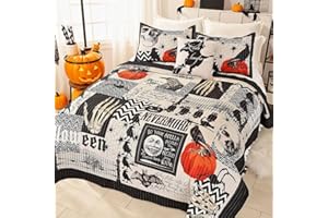 EVENHUG Halloween Theme Queen Size Quilt Bedding Set with 3 Pillow Shams Lightweight Soft Bedspread Coverlet Halloween Holiday Bed Cover for Bedroom Home Decoration (4 Pieces)