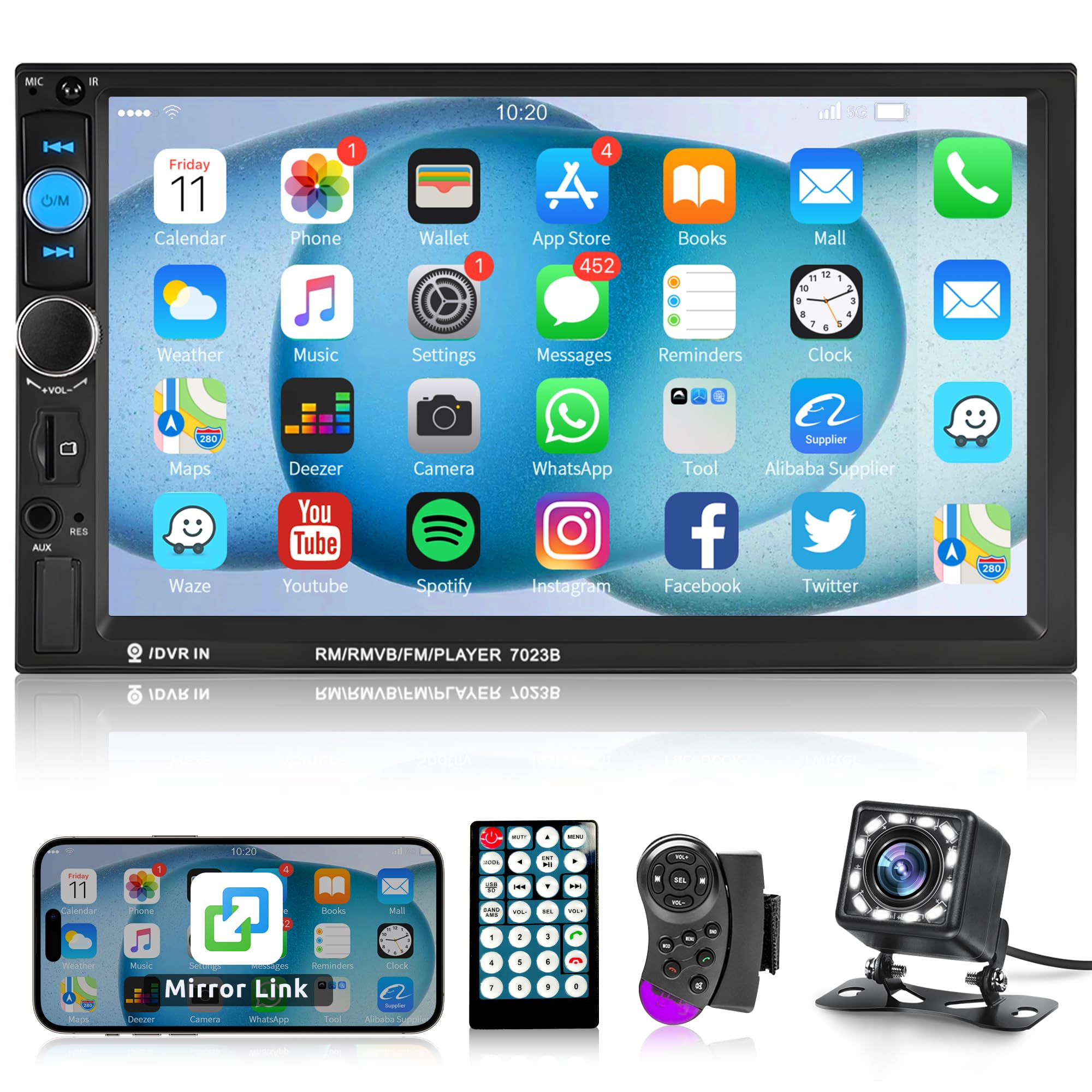 7 Inch Touch Screen Car Radio Rimoody Double Din Car Stereo Bluetooth Handsfree FM Radio Mirror Link USB Car Audio Receiver Remote Control Steering Wheel Control Backup Camera