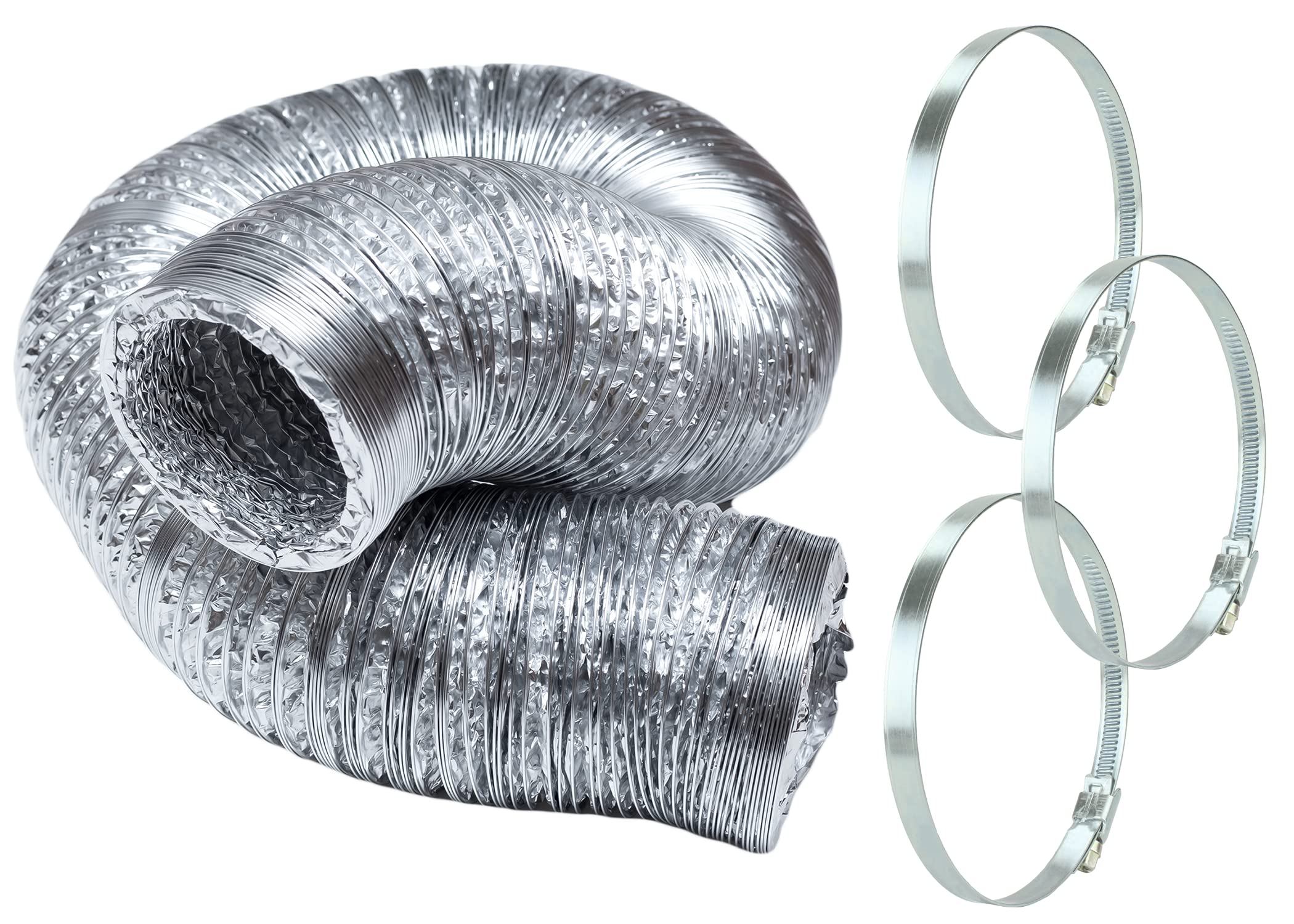 10m Flexible Aluminium Ducting and 3 Jubilee Clips, Long Tumble Dryer Hose AC Extension 102mm Dia. (4 inch Dia.) Bathroom Fan Kitchen Extractor Wide Application