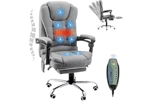 JFHID Office Chair with 7 Point Vibration Massage & Heat Functions, Ergonomic Recliner with Footrest, Linen Fabric Executive Chair, Grey