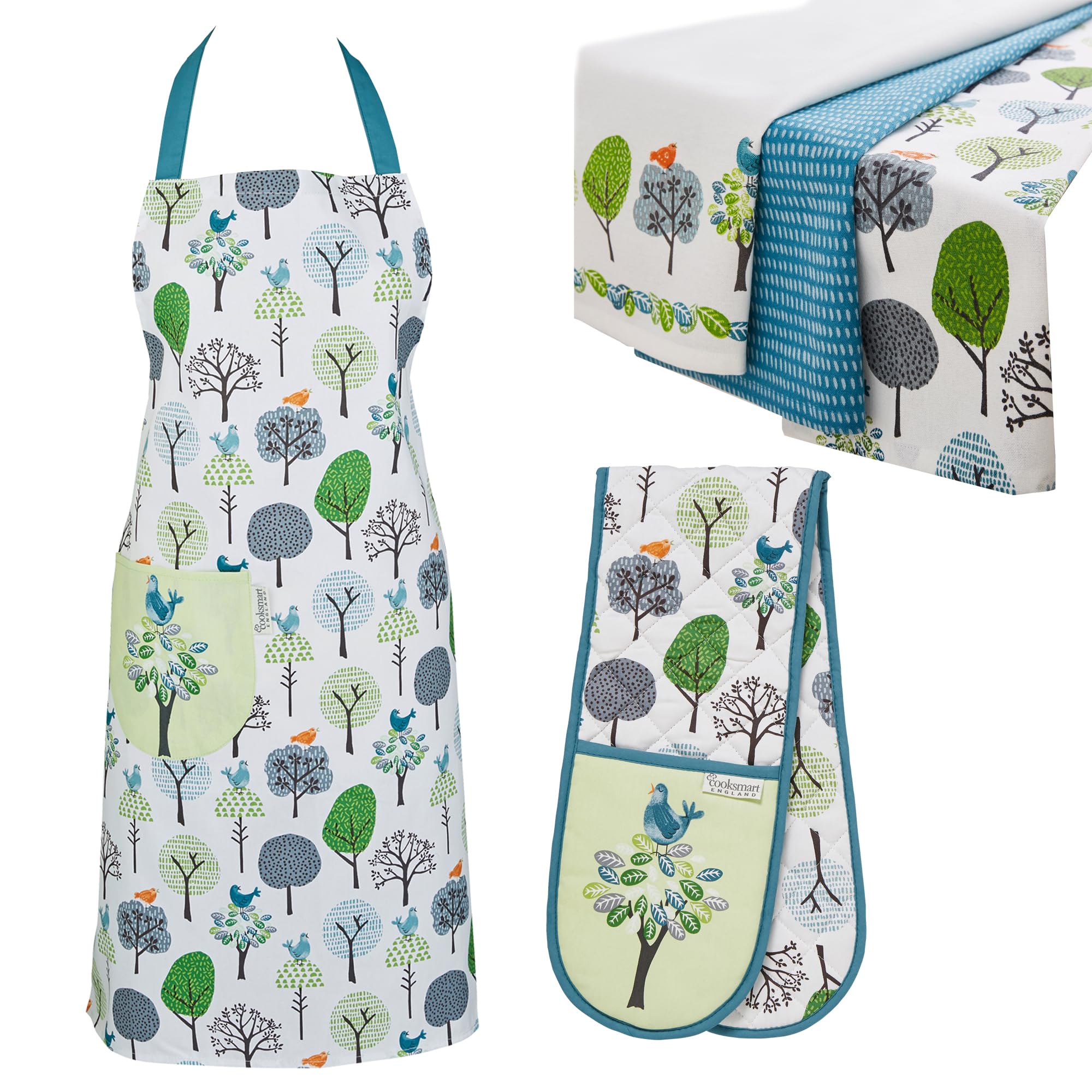 Cooksmart 5 Piece Apron & Kitchen Set | Double Oven Gloves & Tea Towels Perfect For Any Kitchen - Forest Birds