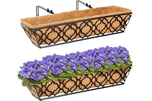 HFHOME 24 Inch Window Deck with Coco Liner, 24" Window Boxes Horse Trough with Coconut Coir Liner, Black Metal Hanging Flower Planter Basket Railing Planter for Outdoor Indoor Lawn - 2 Pack