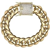 TRIPOD JEWELRY 14K REAL Gold Plated Miami Cuban Link Chain 316L Stainless Steel Necklace or Bracelet with Iced Out Diamond Clasp for Men Women(Custom Box and Pouch Packing, Christmas Gift)