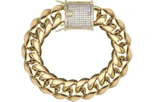 TRIPOD JEWELRY 14K REAL Gold Plated Miami Cuban Link Chain 316L Stainless Steel Necklace or Bracelet with Iced Out Diamond Clasp for Men Women(Custom Box and Pouch Packing, Christmas Gift)