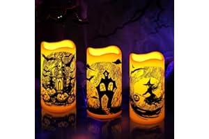 Linkax Halloween Decorations Indoor Flameless Candles : Flickering Candle Battery Operated with 6 Hour Timer, Halloween Lights with Witch Bat Castle, Horror Spooky Fireplace Window Home Decor (3 Pack)