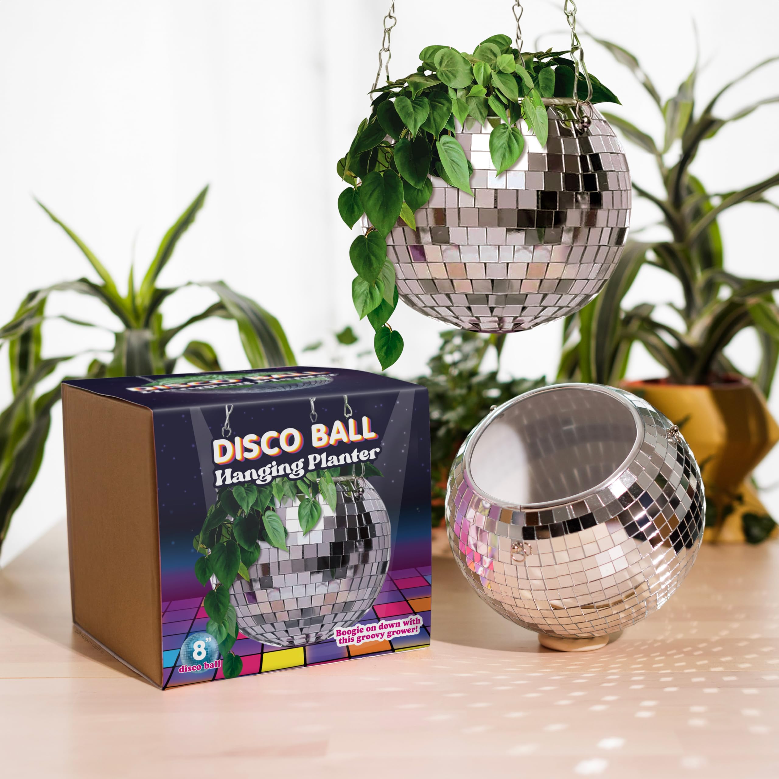 Bubblegum Stuff - Silver Disco Ball Hanging Planter - Hanging Basket For Indoor Plants, Silver Chain, Herb Planter, Boho Room Decor 8 inch