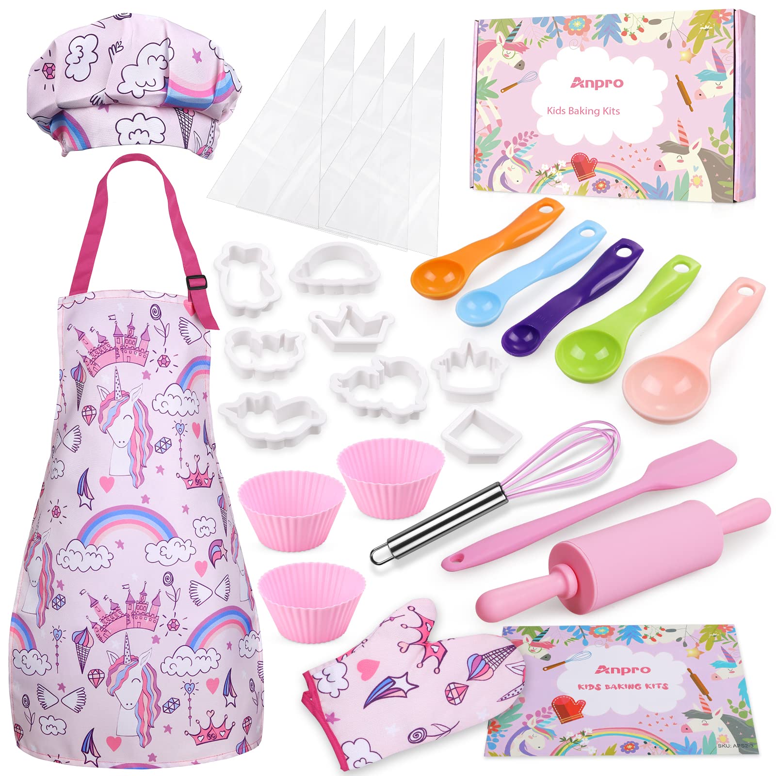 Anpro Kids Baking Set,28PCS Kids Cooking Set with Apron,Chef Hat,Toddler Cooking Set,Role-Plays Playset,Utensils Gift for 3-7 Years Children