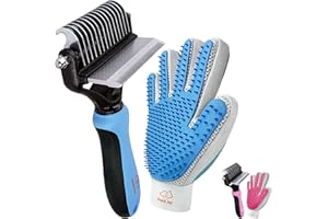 Dog Brush and Cat Brush-with Deshedding Brush, Dog Dematting Tools and 2 Side Shedding Brush Glove, Reduce Shedding Up To 95%, Work Great for Short to Long Hair, and Large Breeds by Ozark Pet (Blue L)