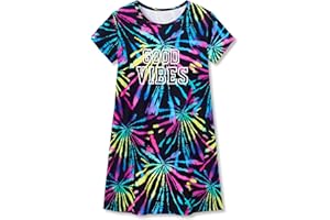 Topgal Teen/Little Girls Nightgown - Summer Short Sleeves Trendy Tie-Dye Butterfly Breakfast Nightdress Pajama Size 6-16
