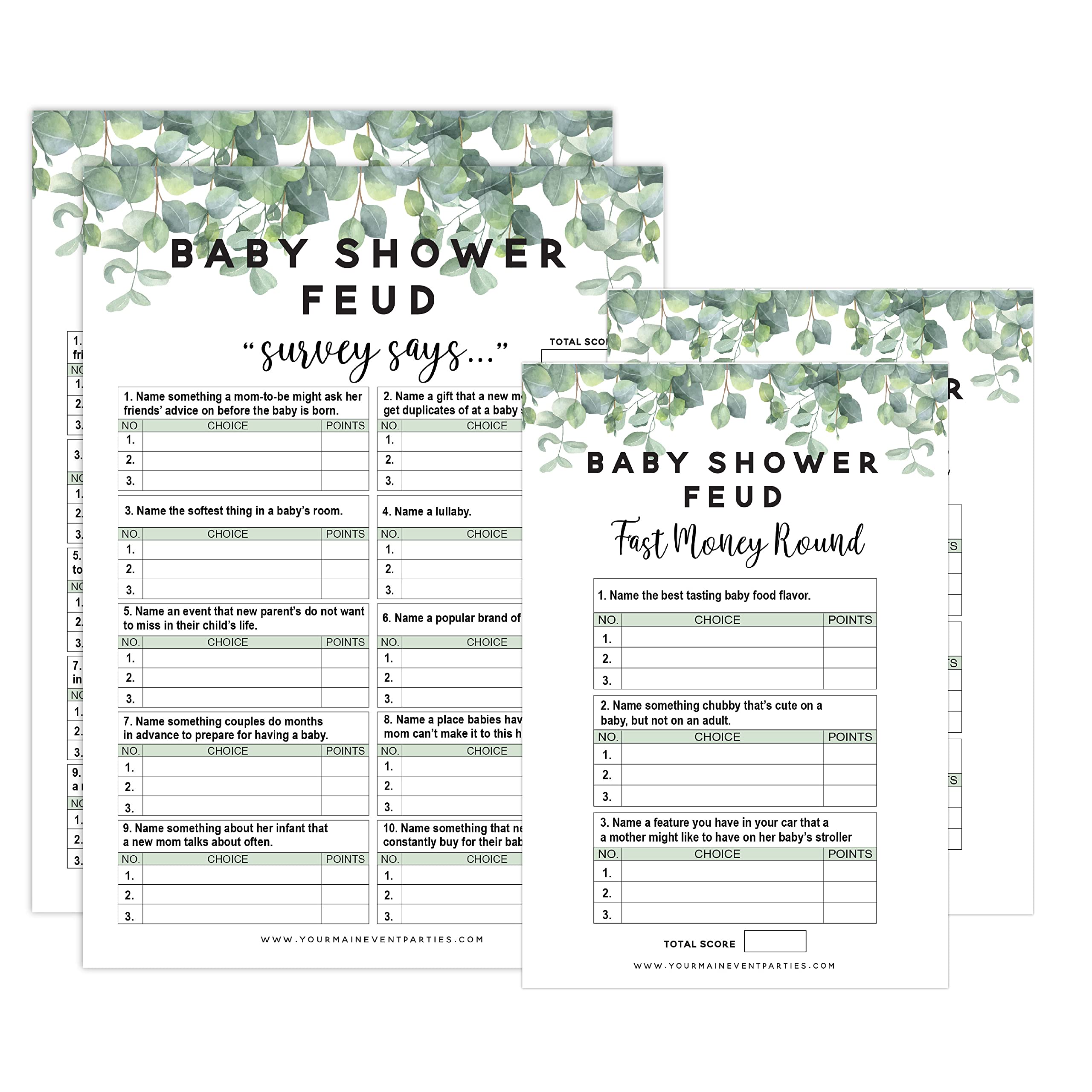Photo 1 of Your Main Event Prints Eucalyptus Baby Shower Family Feud Game Set - 50 Question Cards, 3 Fast Money Rounds, 1 Instruction Guide - Fun Group Activity for Baby Celebrations
