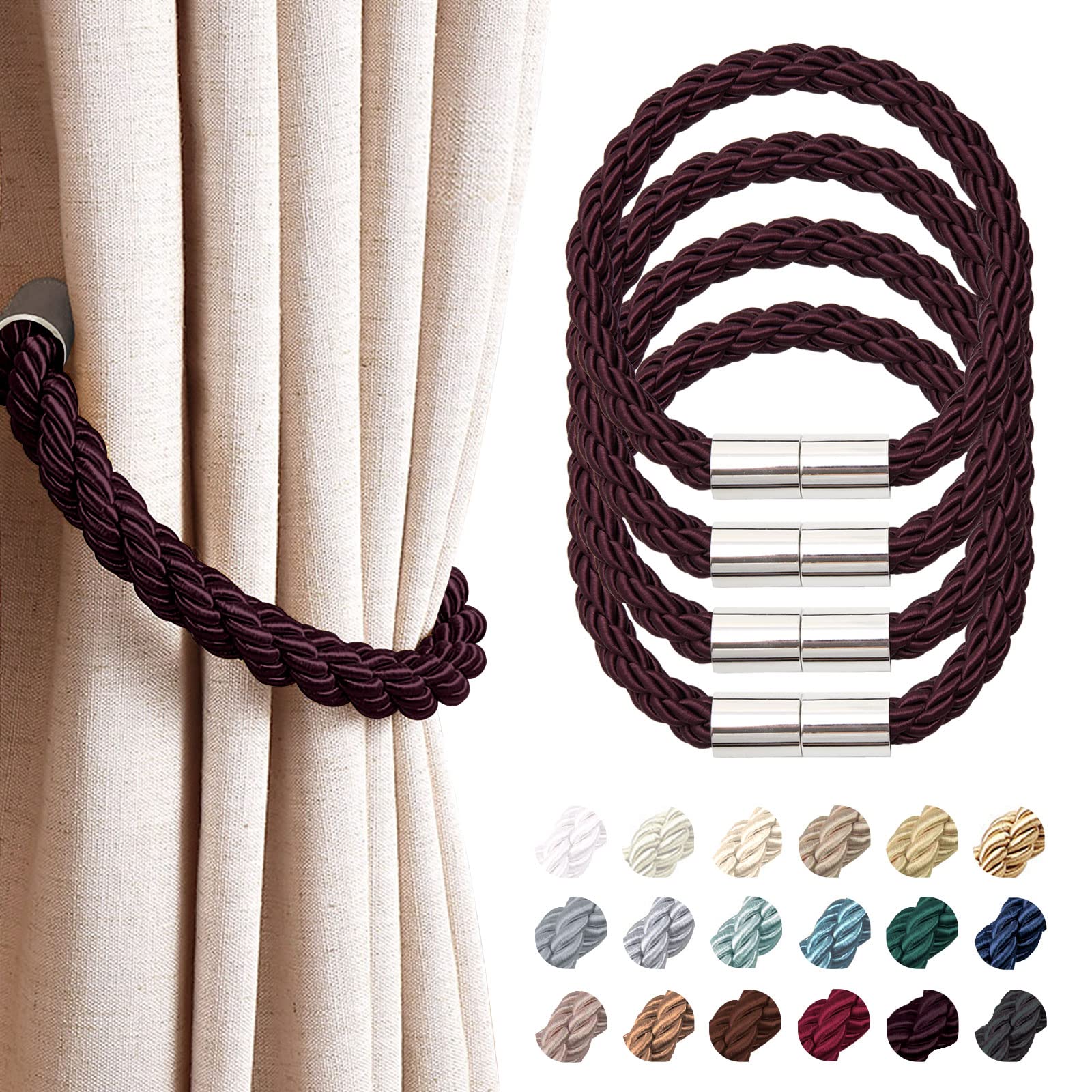 Pretty Jolly 4 Pack Strong Magnetic Curtain Tiebacks Modern Simple Style Drape Tie Backs Convenient Decorative Weave Rope Curtain Holdback for Thin or Thick Home & Office Window Drapery (Claret)