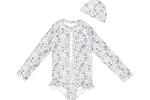 MooMoo Baby One Piece Swimsuit Toddler Girls, with Sun Hat, UPF 50+ Rash Guard Bathing Suit, Ruffle Design
