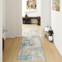 WondRg 2x6 Washable Runner Rug Teal Beige Abstract