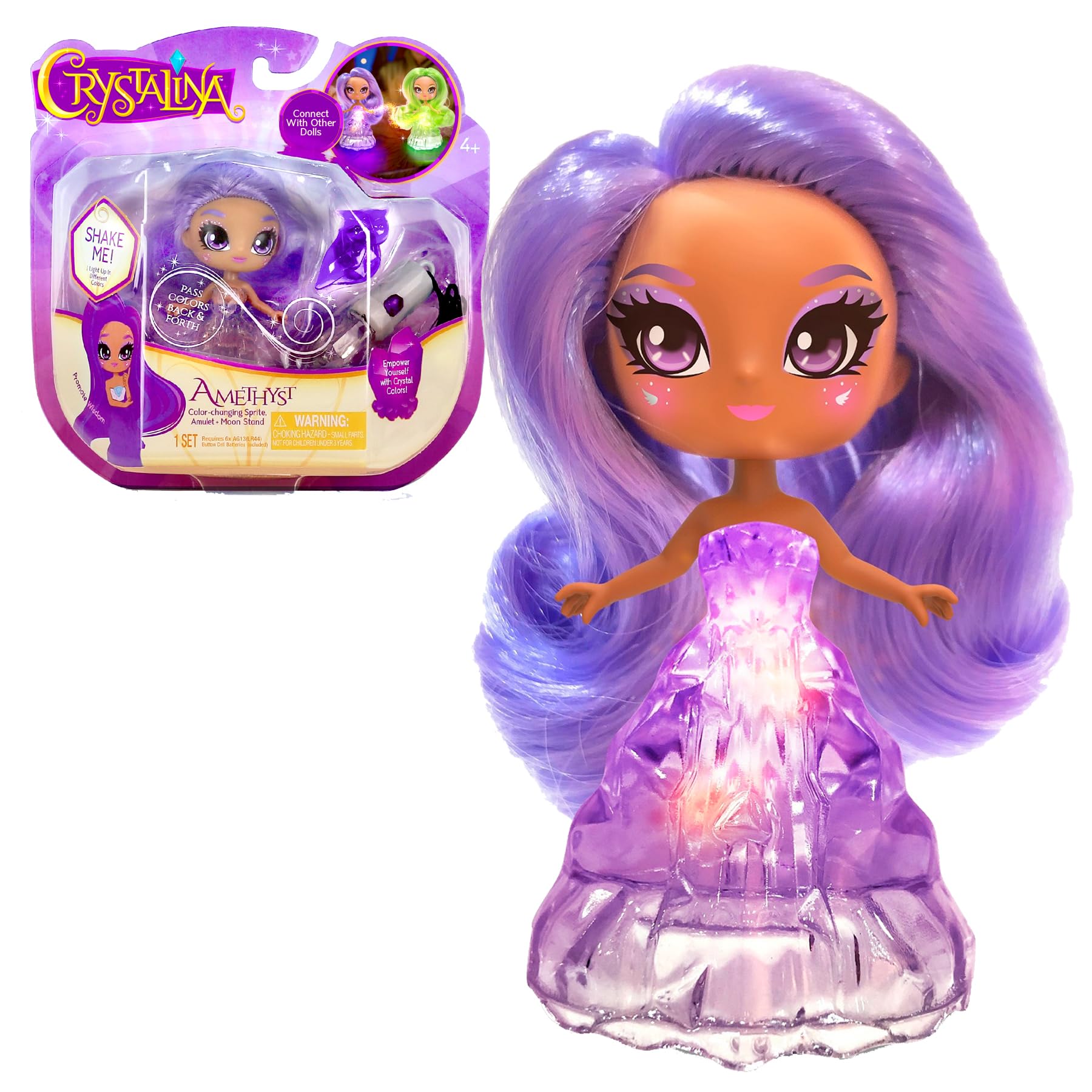 Skyrocket Crystalina Dolls - Amethyst, Girls Collectable Toy with Colour Changing LED Dress and Amulet Necklace, Suitable for Girls and Boys Age 3 and Above