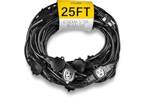 COLSEN Extension Cord with Multiple Outlets – 25 ft Heavy Duty 16 Gauge Power SJTW Cable, 15 Amp 3 Prong 6 NEMA Multi Plug, 16 AWG Male to Female Connector, 5-15R Female Socket, Outdoor/Indoor Black