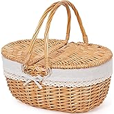 Happypicnic Wicker Picnic Basket with Handle, 15" Large Empty Picnic Basket with Lid & Removable Liner, Vintage Hand Woven Basket for Picnics, Camping, Veg Picking, Mother's Day, Thanksgiving (Solid)