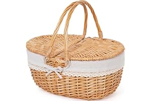 Happypicnic Wicker Picnic Basket with Handle, 15" Large Empty Picnic Basket with Lid & Removable Liner, Vintage Hand Woven Basket for Picnics, Camping, Veg Picking, Mother's Day, Thanksgiving (Solid)
